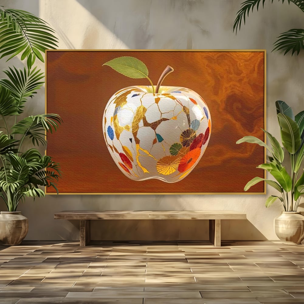 Tablou canvas cu tablou canvas cu mar alb si motive aurii, in rama de aluminiu auriu